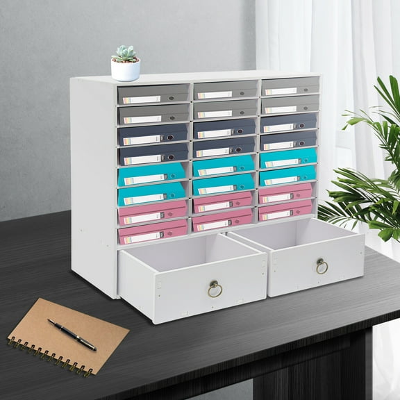 24 Compartments Paper Mail Desk Organizer Sorter Cabinet with 2 Storage Drawer