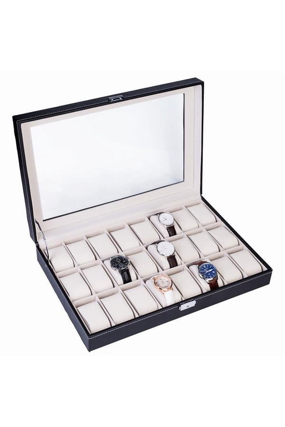 24 Compartments Top-level Opening Style Leather Watch Collection Box Black