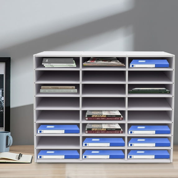 24 Compartments White Desktop File Holder Stable Literature Organizer Office Mailbox for Books Magazines Files Brochures