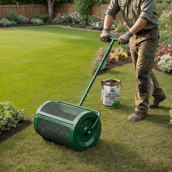 24" Compost Spreader, Adjustable Handle Lawn Peat Moss Roller, Green Steel Mesh
