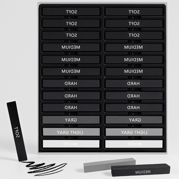 24 Compressed Charcoal Sticks Set, Soft Medium Hard and White Charcoal for Sketching Shading, Art Supplies for Artists Beginners