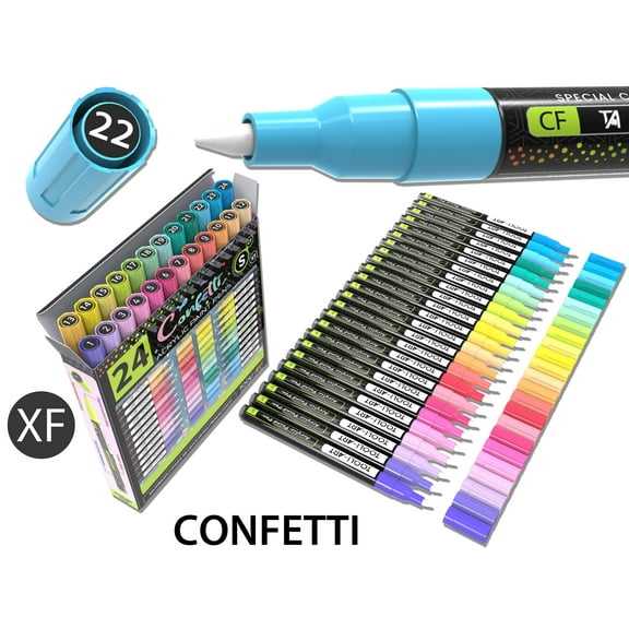 24 Confetti Colors Acrylic Paint Pens Markers Set 0.7mm Extra Fine Tip