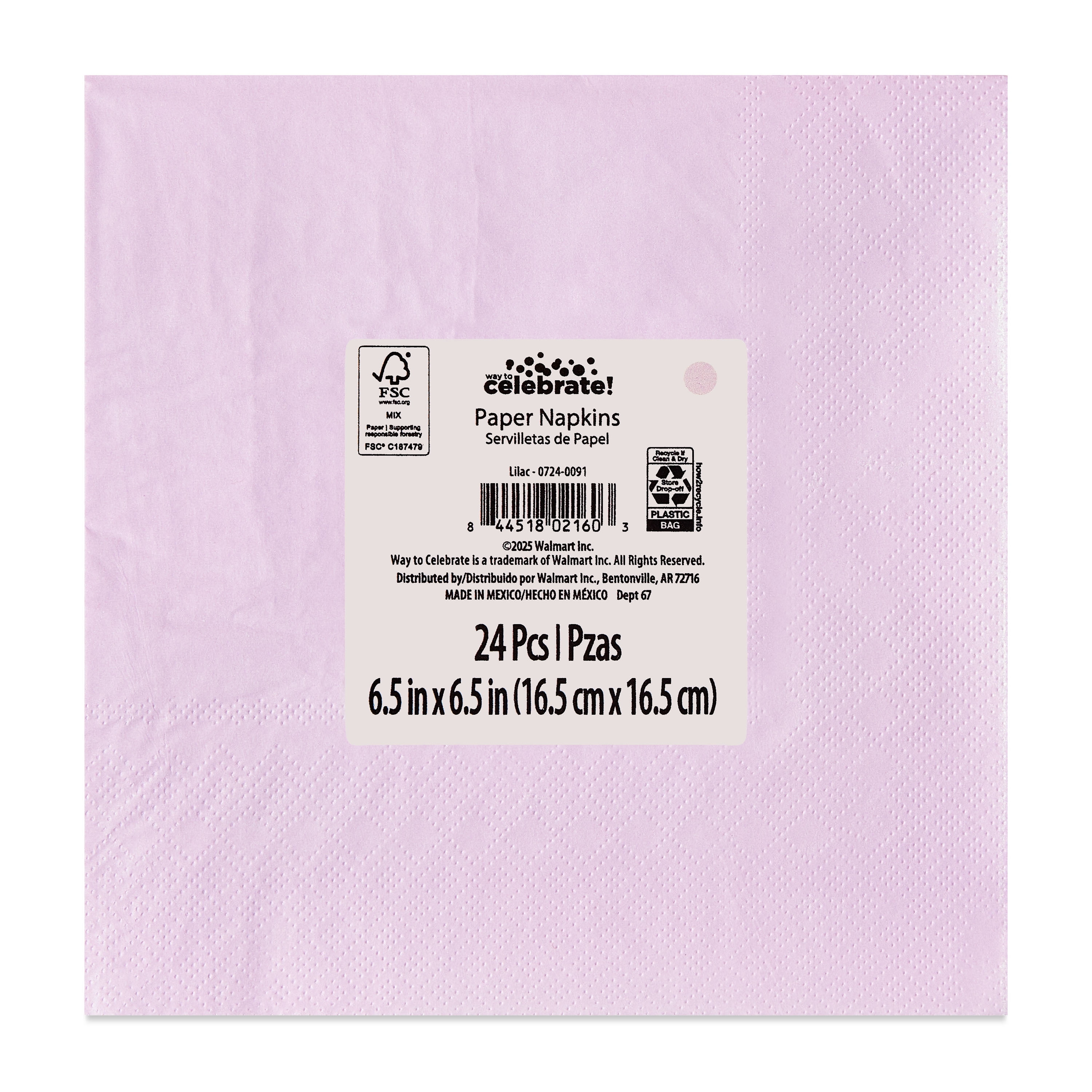 6.5" x 6.5" Disposable Lilac Paper Napkins, 24 Count, by Way To Celebrate