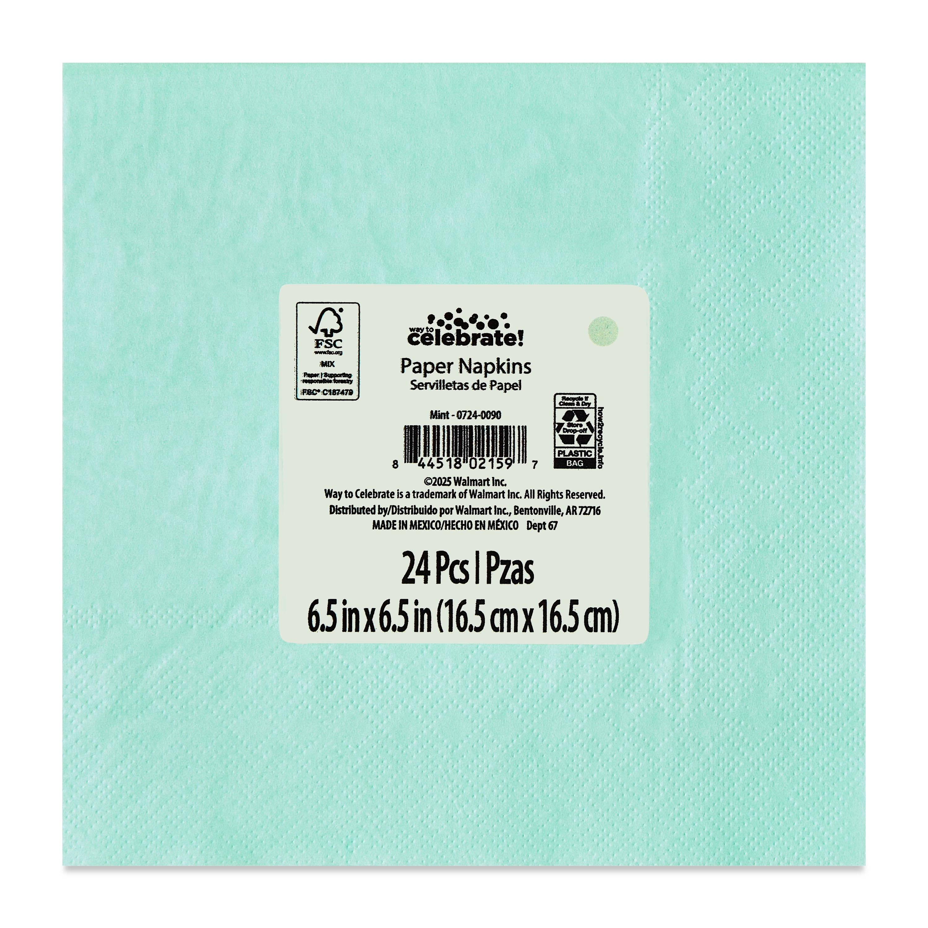 6.5" x 6.5" Disposable Mint Paper Napkins, 24 Count, by Way To Celebrate