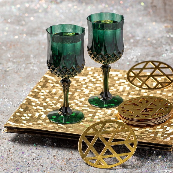 24 Count 8 oz. Christmas Green Patterned Wine Glasses with Gold Laser Cut Coasters for 12 Guests