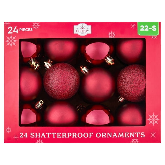 24-Count Burgundy Ball Shatterproof Christmas Ornaments, 2.8", by Holiday Time