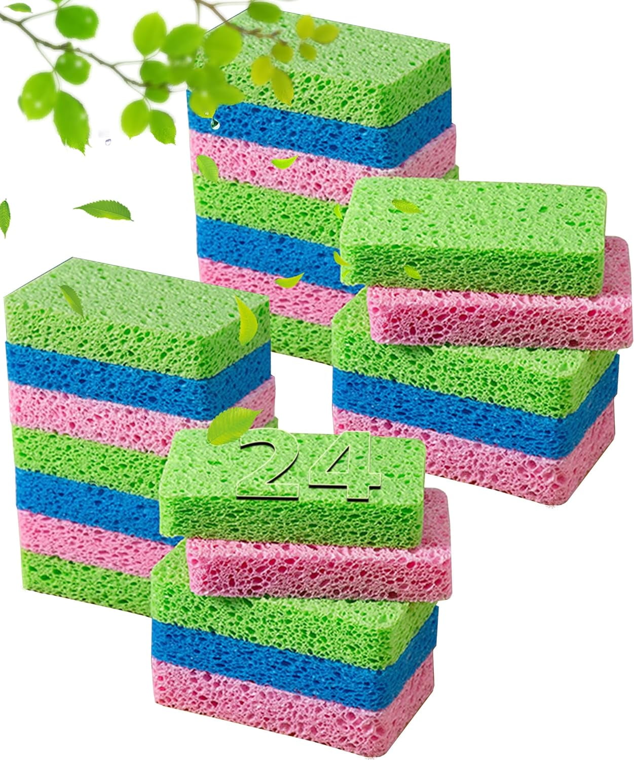 24-Count Cleaning Scrub Sponge- Compressed Cellulose Sponges Non ...