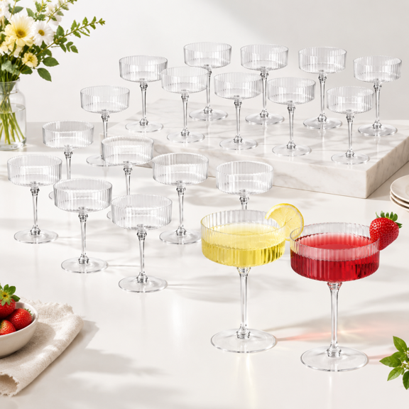 24 Count Clear Plastic Ribbed Martini Glasses 10oz Disposable Cups