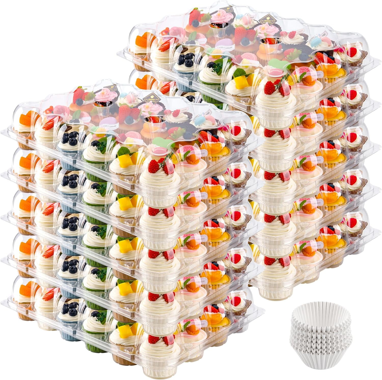 24 Count Cupcake Containers 15 Pack Cupcake Holders Plastic Clear Disposable Cupcake Containers with Detachable Tall Dome Lids and 360 Liners for 360 Cupcakes, BPA Free, Stand Size
