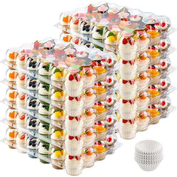 24 Count Cupcake Containers 15 Pack Cupcake Holders Plastic Clear Disposable Cupcake Containers with Detachable Tall Dome Lids and 360 Liners for 360 Cupcakes, BPA Free, Stand Size