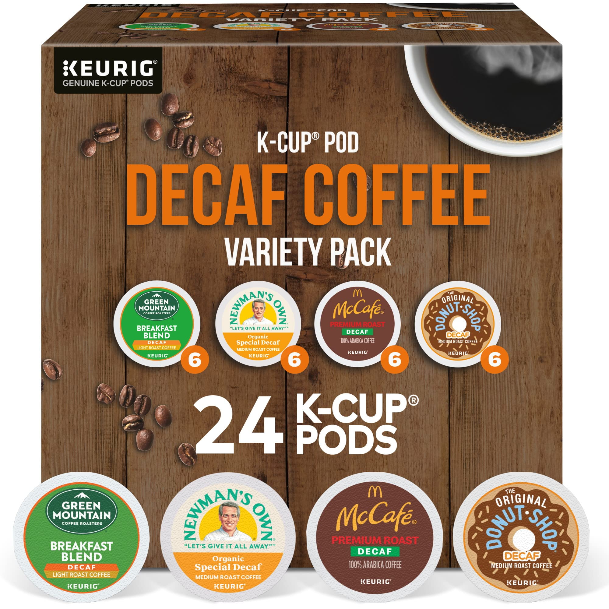 24 Count Decaf Coffee Variety Pack Green Mountain, McCafe, Donut Shop