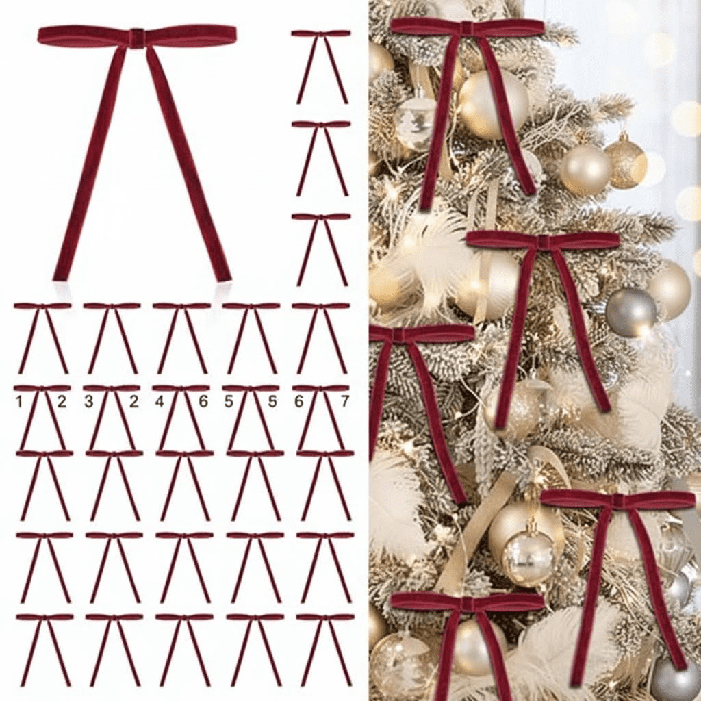 24 Count Rustic Red Velvet Christmas Ornaments and 5x7 Inch Pre-Tied Bows for Tree, Wreath, Garland, Gift Wrapping, and Vintage Holiday Home Decor