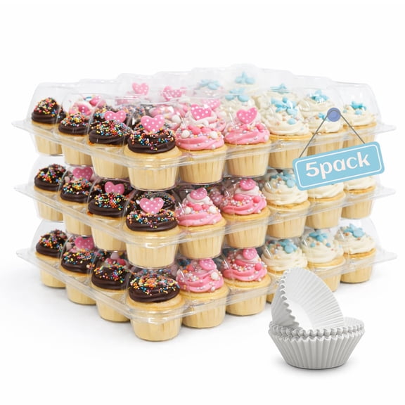 (24 Count X 5 Sets Plastic Cupcake Containers With Liners Clear Holder Lids Disposable Carrier For Bakery Storage Box Parties Bake Sale Packaging
