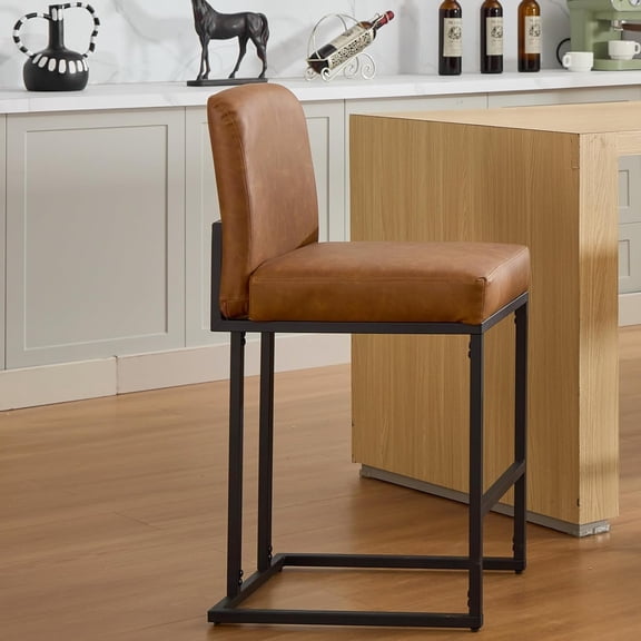 24" Counter Height Bar Stools, Modern PU Leather Barstools with Back and Metal Legs for Kitchen Island, Upholstered Bar Chairs