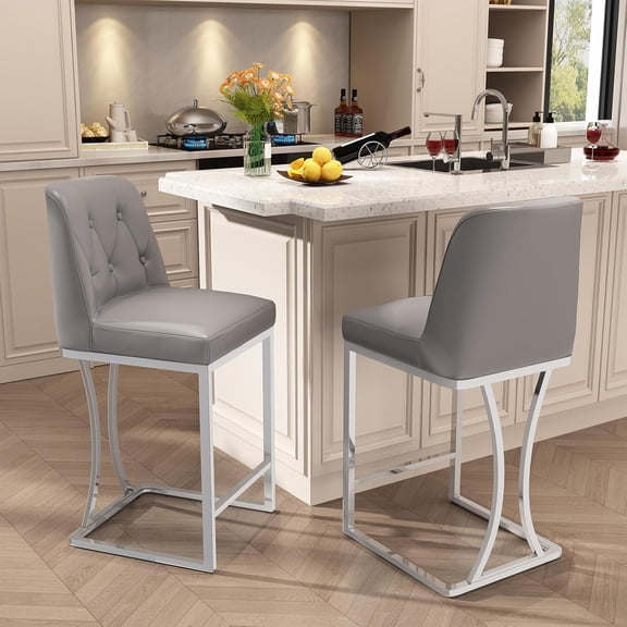 24" Counter Height Bar Stools Set of 2, Grey Counter Stools with Back and Sliver Metal Frame, Modern Luxury Barstools with Footrest, Upholstered PU Leather Bar Chairs for Kitchen Island