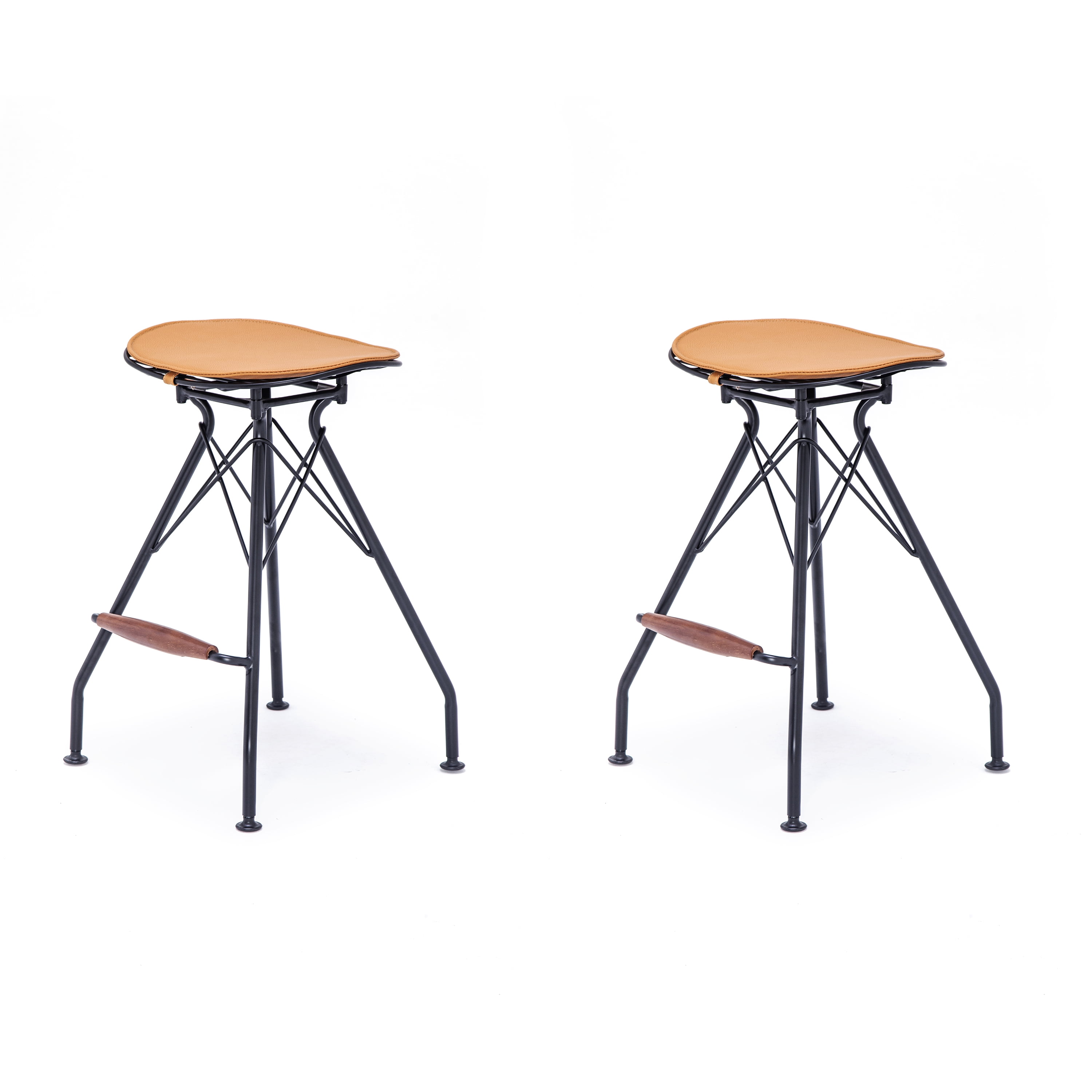 24" Counter Height Bar Stools Set of 2, Industrial Metal Bar Chairs with Faux Leather Seat & Wood Footrest, Farmhouse Kitchen Island Stools