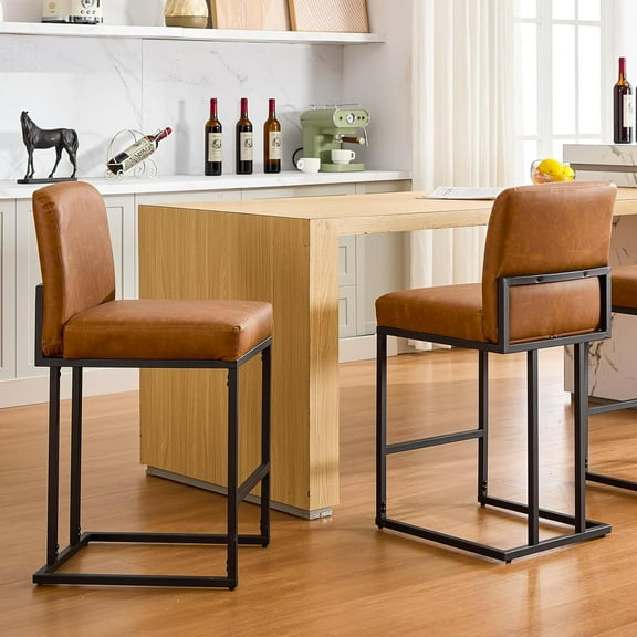 24" Counter Height Bar Stools Set of 2,Modern PU Leather Counter Stool Chairs with Full Back&Metal Frame for Kitchen Island,Brown