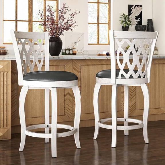 24" Counter Height Swivel Bar Stools Set of 2 for Kitchen Island, Farmhouse Barstool Chair with Back and Footrest, Upholstered Wood Barstools, White