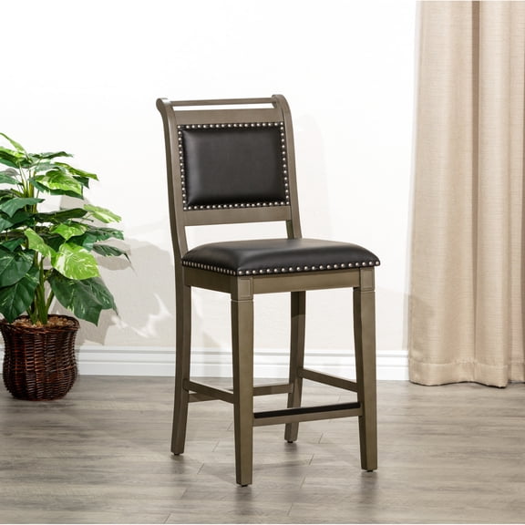 24" Counter Stool, Black Leather, Weathered Gray Finish / Farmhouse Charm for Home