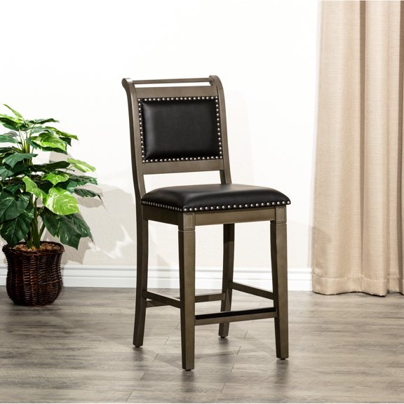 24" Counter Stool, Weathered Gray, Black Leather Upholstery / Add Style to Kitchen or Bar Areas