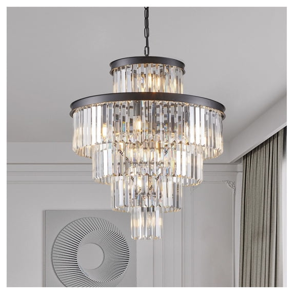 24" Crystal Chandelier Black Finish - 15 Light 5 Tier Pendant Light
