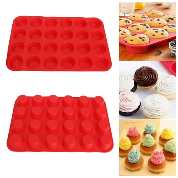 24 Cup Silicone Mini Muffin Pans, 2Pcs Silicone Mini Cupcake Pans, Mini Muffin Tin, Silicone Baking Molds for Homemade Muffins, Cupcakes, Tarts, Red