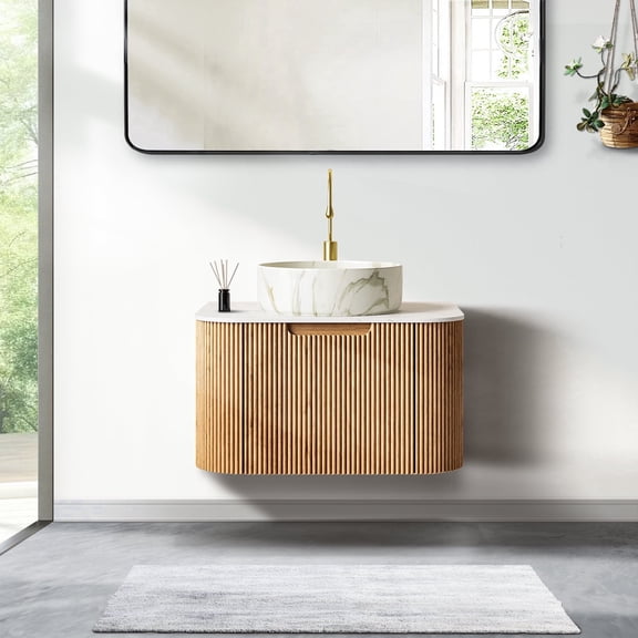 24" Curved Edges Striped Bathroom Vanity with Sink, Floating Plywood Cabinet with Single Large Drawer, Ceramic Vessel Basin & Artificial Marble Top - Natural Wood Grain Color Pre-assembled Vanity