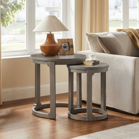 24" Curved Round Circle Wooden Coffee Table Set, 2Pcs Mid Century Rustic Style Side Table with Solid Wood Legs, End Table for living Room, Office, Apartment, Light Brown
