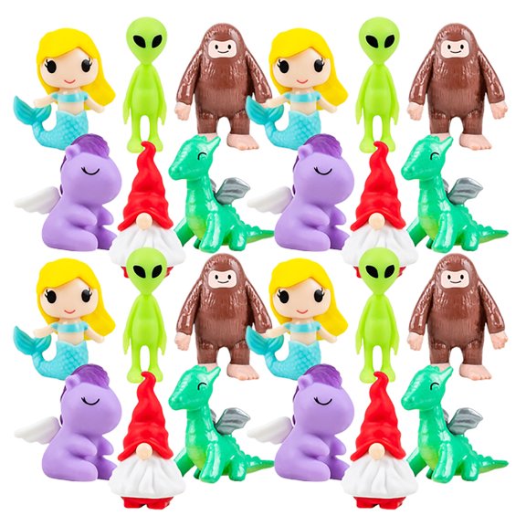 24 Cute Mystical Creatures Mini Figurines - Collectible Prizes and Rewards - Mermaid, Dragon, Unicorn, Alien, Bigfoot, Gnome (2 Dozen Random)