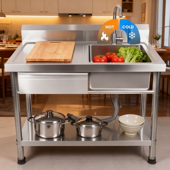 24"D x 40"W x 31"H Commercial Kitchen Sink, Free Standing Single Bowl Sink with Drawer & Cold and Hot Water Pipe, Farmhouse Indoor and Outdoor Sink for Farmhouse & Workshop