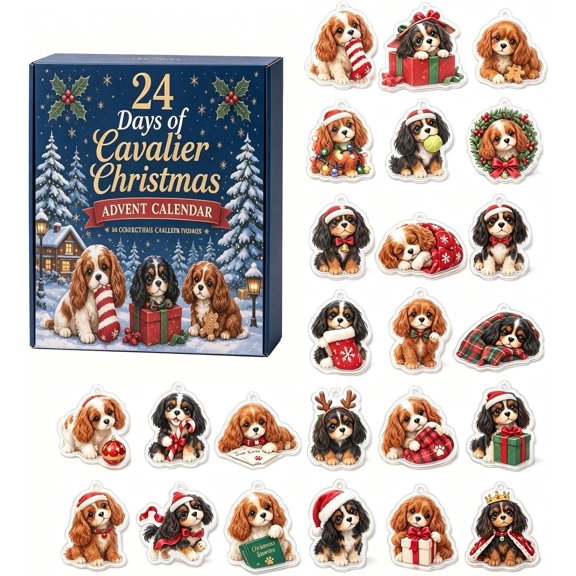 24‑Day 2026 Christmas Gog Advent Calendar, Cavalier King Charles Spaniel Themed Set with 24 Pcs Dog 2d Hanging Ornaments, Christmas Decoration Gift For Cavalier Lovers