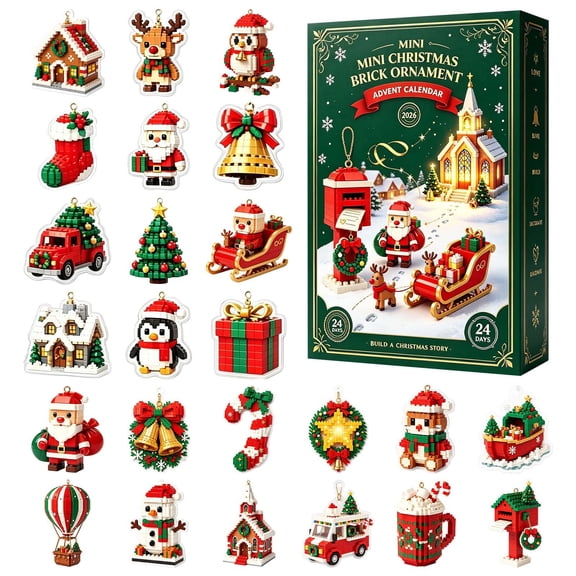 24-Day 2D Mini Christmas Brick Ornament Advent Calendar, 24 Unique Buildable Holiday Designs with Hanging Loops, DIY Building Set for Christmas Trees, Garlands, Mantels and Festive Displays