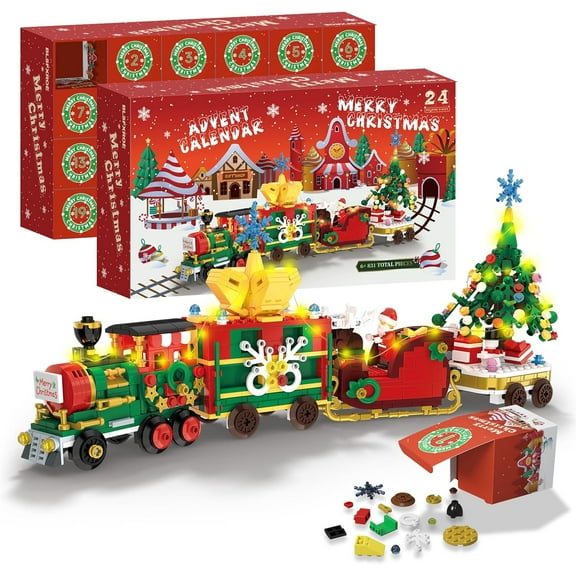 24-Day Advent Calendar Christmas Train Building Blocks Set, with LED Light Christmas Countdown Calendar, Christmas Tree Building Blocks Xmas Gifts, Fun Blind Box Toy Christmas Decorations