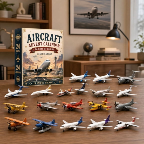 24-Day Aircraft Advent Calendar, 24 Pcs Assorted Mini Airplane 2D Models, Christmas Countdown Blind Box Toy Set for Holiday Shelf Display Gift