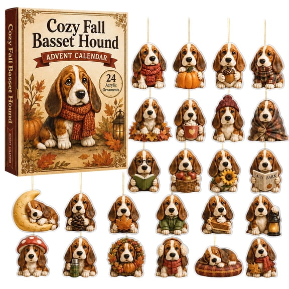 24-Day Basset Hound Advent Calendar, Acrylic Dog Ornament Countdown Set for Thanksgiving Christmas, Unique Pet Lover Holiday Decor Gift for Home Tree