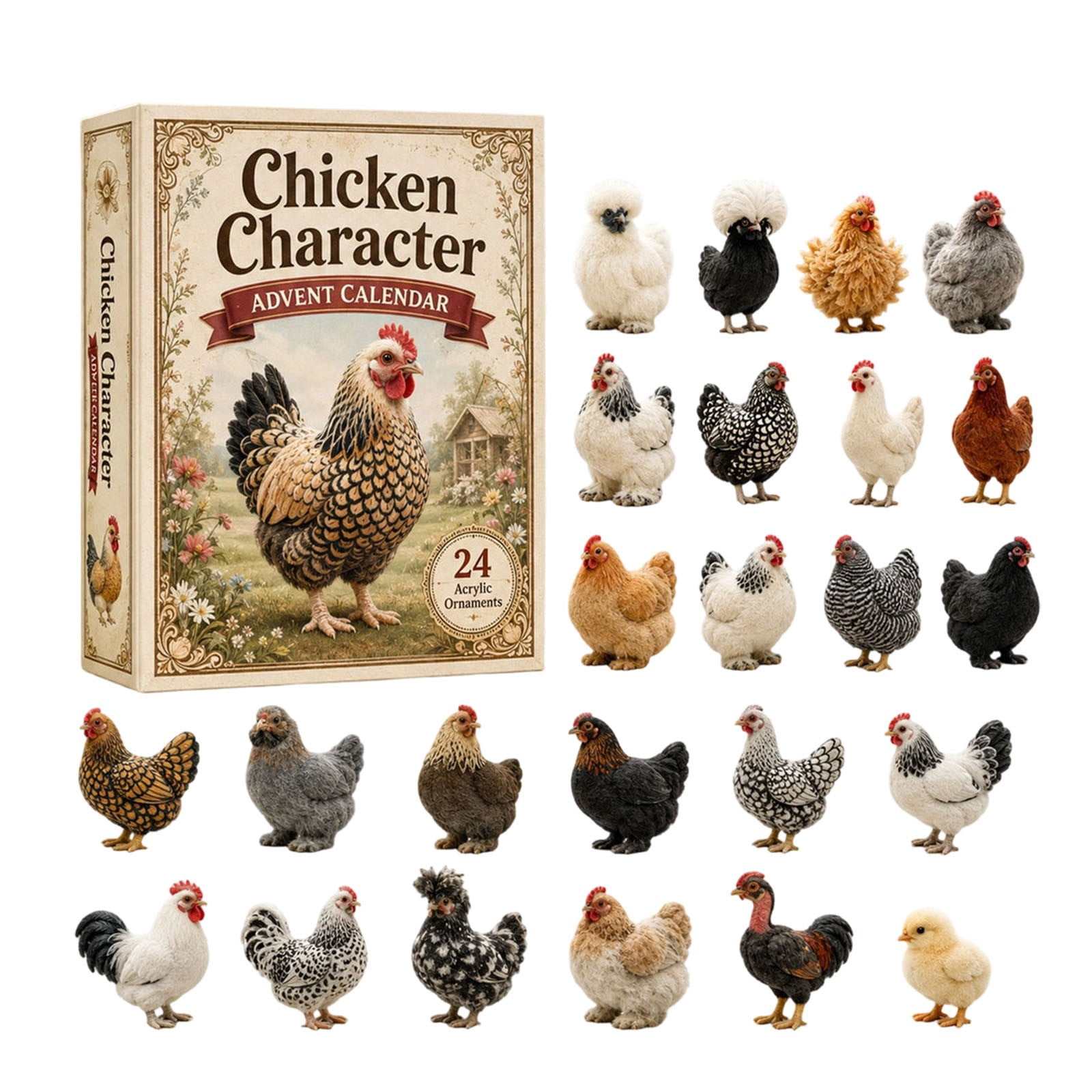 24 Day Chicken Character Advent Calendar 2026 with 24 2D Flat Acrylic ...