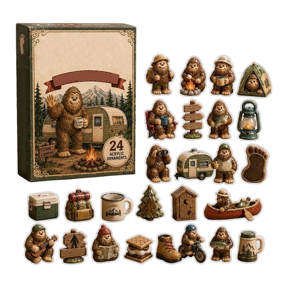 24‑Day Christmas Advent Calendar with Bigfoot Themed Acrylic Hanging Ornaments, Holiday Countdown Surprise Box with 24 Pcs Decorative Charms