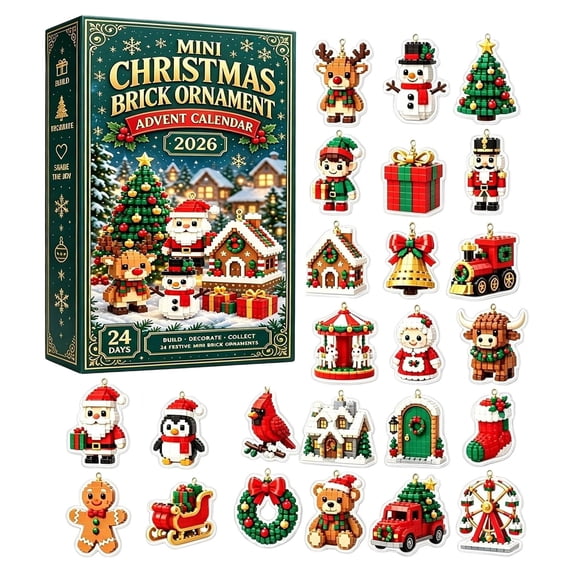 24 Day Christmas Brick Ornament Advent Calendar, 24pcs Mini Christmas Ornaments with Hanging Loops, DIY Building Blocks Set for Christmas Tree, Holiday Decorations