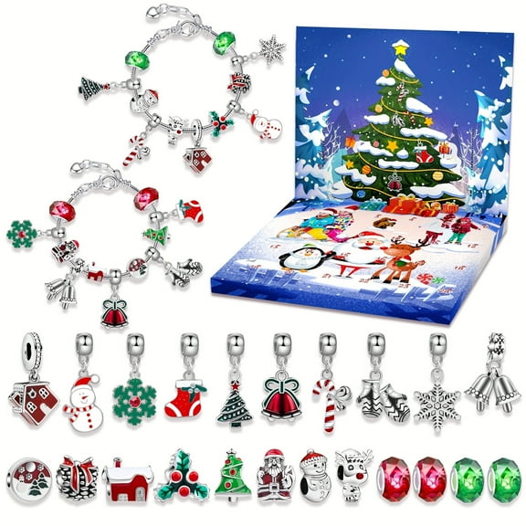 24-Day Christmas Countdown Advent Calendar - Surprise DIY Bracelet Kit with Zinc Alloy Charms, Antique Silvery Finish - Perfect for Party Accessories