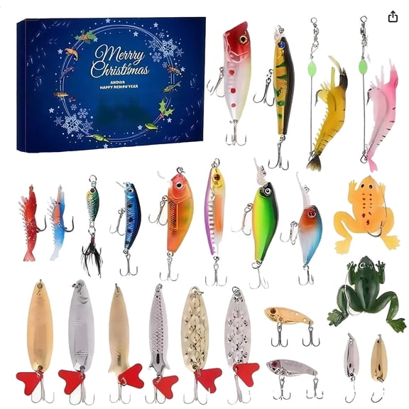 24-Day Christmas Fishing Advent Calendar with 3D Realistic Fish Lures Hooks Professional Angler's Countdown Set Featuring Multi-Purpose Fishing Accessories Lifelike Eye Design for Enhanced Attraction