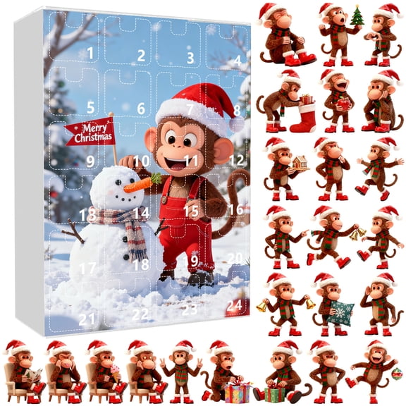 24-Day Christmas Monkey Advent Calendar, 2D Acrylic Monkey Ornaments with Santa Hats and Festive Outfits, Christmas Tree Decor
