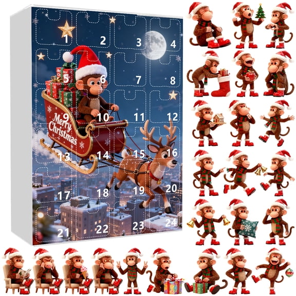24-Day Christmas Monkey Advent Calendar, 2D Acrylic Monkey Ornaments with Santa Hats and Festive Outfits, Christmas Tree Decor