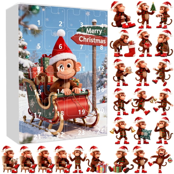 24-Day Christmas Monkey Advent Calendar, 2D Acrylic Monkey Ornaments with Santa Hats and Festive Outfits, Christmas Tree Decor