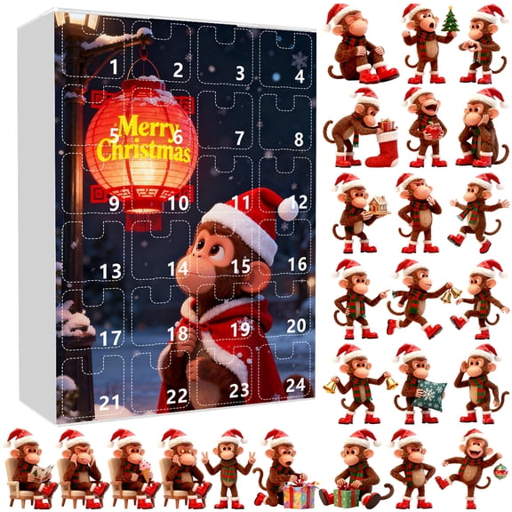 24-Day Christmas Monkey Advent Calendar, 2D Acrylic Monkey Ornaments with Santa Hats and Festive Outfits, Christmas Tree Decor
