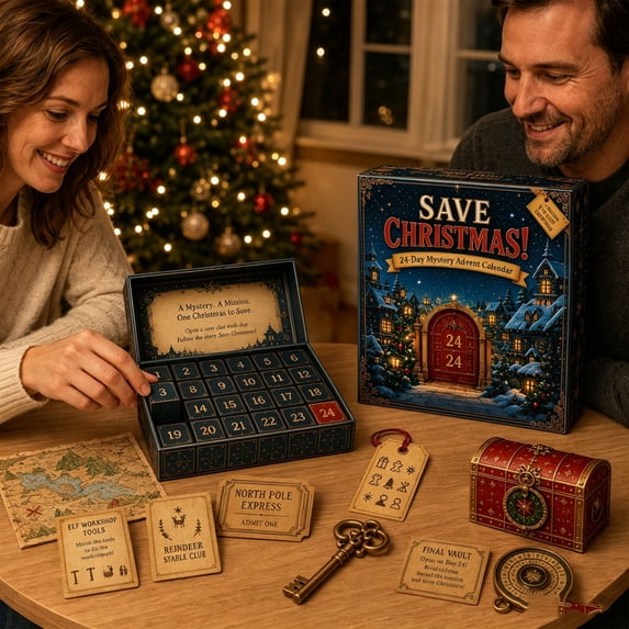 24-Day Christmas Mystery Adventure Advent Calendar, Christmas Puzzle Game with Story Theme, Open A New Discovery Every Day Escape Room Countdown Gift for Family & Adults
