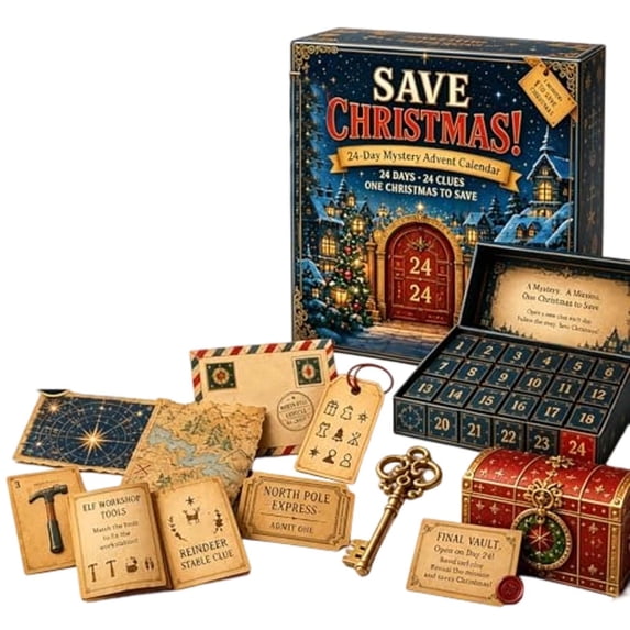 24-Day Christmas Mystery Puzzle Game, Daily Holiday Countdown Adventure with 6 Story Themes, Interactive Clue and Riddle Activity for Families, and Adults During December
