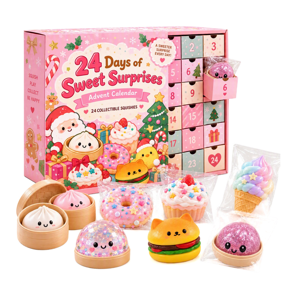 24-Day Christmas Sweet Squishy Advent Calendar 2026, 24 Random Dessert Dumpling Squishies, Cute Collectible Countdown Fidget Squeeze Toys, Holiday Gift for Girls Kids Women Pink 1Set