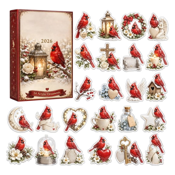 24Day Countdown Advent Calendar Box, Red Cardinal Bird 2D Acrylic Hanging Ornaments Set, RemembranceThemed Christmas Tree Decor, Festive Memorial Surprise Gift Box for Bird Lovers