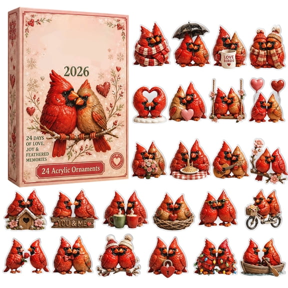 24Day Couple Red Cardinal Advent Calendar Gift Box, Christmas Countdown Blind Box Set with 2D Flat Acrylic Couple Red Bird Hanging Ornaments, Festive Romantic Pendants for Christmas Tree Decor