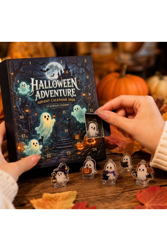 24-Day Halloween Ghost Advent Calendar, Spooky Mystery Countdown Gift Box with Acrylic Figurines and Keychains, 10.23x7.08x1.18 Inch Festive Decor